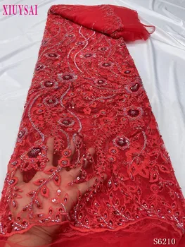Kırmızı Dantel Kumaş 2023 Özel Payetli Fransız Düğün Dantel Kumaş Lüks 3D Pullu Boncuklu Dantel Kumaş düğün elbisesi