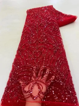 Kırmızı Düğün Dantel Kumaş Yeni Yüksek Kaliteli Nakış Fransız Tül Dantel Nijerya Dantel payetli kumaş Ve Boncuk Parti Elbise İçin