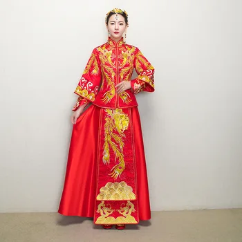 Kırmızı Geleneksel Çin cüppe şeklinde gelinlik 2018 Yeni Kadın Uzun Cheongsam Qipao Vestido Oryantal Tarzı Elbiseler