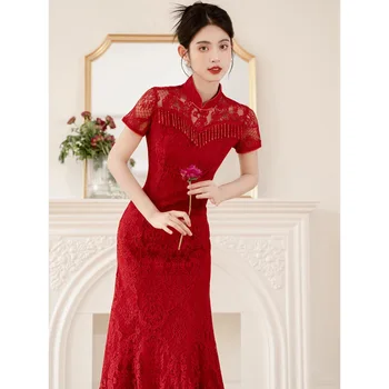 Kırmızı Retro Cheongsam Moda Ayakta Boyun Püskül Dantel Qipao Çince Geleneksel Elbise Zarif Balık Kuyruğu Gelin Tost Elbise