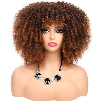 Kısa Kıvırcık Afro Bob Peruk Siyah Kadınlar İçin Kinky Kıvırcık Peruk Patlama İle Sentetik Elyaf Tutkalsız kostümlü oyun saç peruk