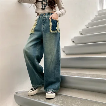 Kızlar Kot Bahar Sonbahar Moda Gevşek Geniş Bacak Pantolon Çocuklar için Rahat Tüm Maç Genç Okul çocuk pantolonları 10 12 13 yıl