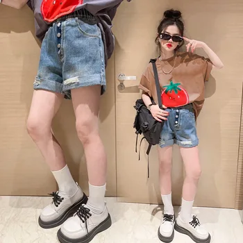Kızlar Kot Kısa 2023 Yaz Çocuklar Rahat Düz Elbise Bebek pamuklu pantolon çocuk Moda Kot Şort Pantolon Kore Tarzı