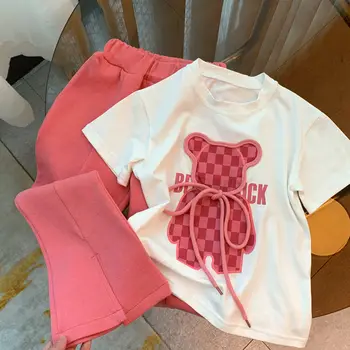 Kızların 2023 Yaz Yeni Kore Karikatür baskılı tişört / Alevlendi Pantolon Bebek Batı Tarzı İki Parçalı Takım Elbise