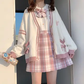 Kış Japon Kawaii Moda Pembe Hırka Kadın Harajuku Örme Kazak Sevimli Yay Kalp Kore Kolej Tarzı JK Üniforma Ceket