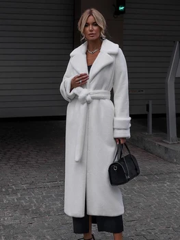 Kış Kadın Pembe Yün Ceket Kalın Sıcak Tatlı Yaka Kemer Ofis Bayan Uzun Rüzgarlık Moda Kalın Streetwear Kadın Mont