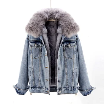 Kış Moda Kalın Sıcak Denim Ceket Kadın Çıkarılabilir Tilki Kürk Yaka Tavşan Kürk Astar Kot Ceket Ceket Gevşek Giyim Kadın