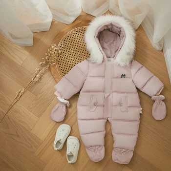 Kış Sıcak Bebek Snowsuit Kapşonlu Kürk Polar Kiraz Kuşu Bebek Kar Giyim Ceket Romper Dış Giyim Çocuk Kız Erkek Ceket Footie Tulum