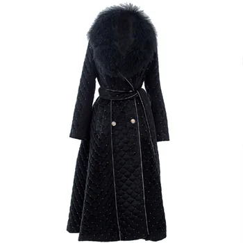Kış giysileri uzun yün yaka sıcak tutan kaban ince tasarım diz üstü Kürk yaka Matkap pamuk ceket kadın