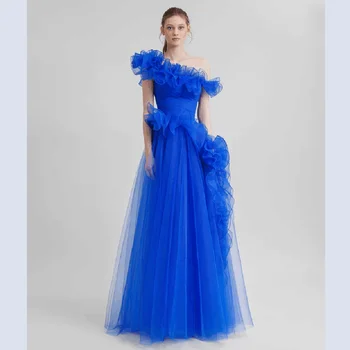 LAIDITYA Moda Mavi Balo Elbise Şık Tek Omuz Kat Uzunluk Parti Törenlerinde Zarif Plise Dantelli Resmi Bir Çizgi Gece Elbisesi