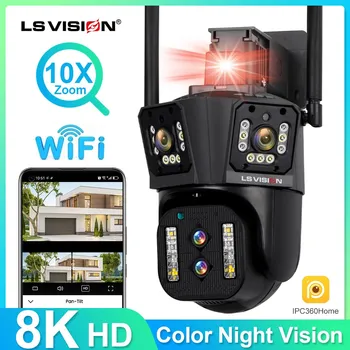 LS VISION 8K 4x4MP IP Kamera Açık WiFi PTZ CCTV Güvenlik Kamera Çoklu Lens Üç Ekran 10X Zoom Otomatik İzleme 2 Yönlü Ses 