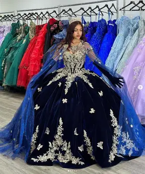 Lacivert Kadife Prenses Quinceanera Elbiseler Charro Meksika Çiçek Aplike Korse Balo Tatlı 15 vestidos quinceañera modernos