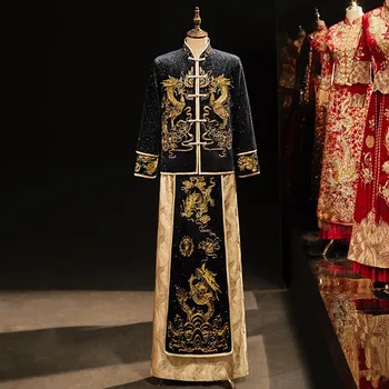 Lacivert Çin Tarzı Damat düğün elbisesi Vintage Erkekler Ejderha Nakış Evlilik Tang Takım Elbise Giyim китачская одечда