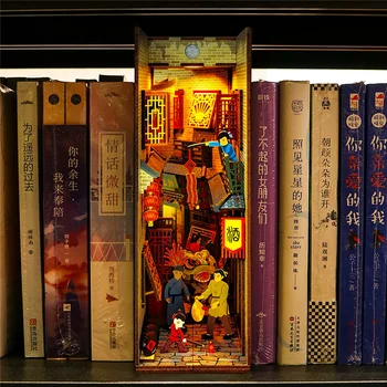 Light Up Ahşap Kitap Nook Dollhouses 3D Bulmacalar Booknook Kitaplık Ekleme Diorama DIY Bebek Evleri Minyatür Kitap Ayracı Oyuncaklar Hediyeler