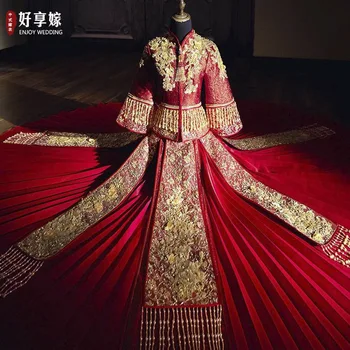 Lüks Antik Kraliyet Kırmızı Çin Gelinlik Geleneksel Gelin Sequins Boncuk Nakış Cheongsam