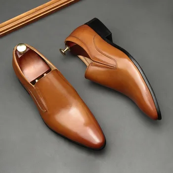 Lüks Erkekler Resmi Ayakkabı Siyah Kahverengi Hakiki Deri Sivri Burun Loafer'lar Üzerinde Kayma Erkekler Elbise Ayakkabı Düğün Ofis Erkekler rahat ayakkabılar
