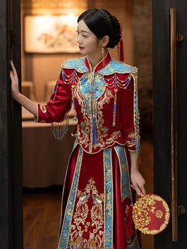 Lüks Kadın Nakış Boncuklu Püskül Tang Takım Elbise Kırmızı Çin Geleneksel düğün elbisesi Uzun Oryantal Tarzı Gelin Kıyafeti