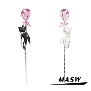 MASW Orijinal Tasarım Güzel Stil Yüksek Kalite Pirinç Beyaz Siyah Asimetrik Kedi Dangle Küpe Kadınlar Kız Parti Hediye Için