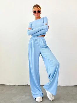 Marthaqiqi Ince Kadın Pijama Takım Elbise Kırpma Üst Pijama Uzun Kollu Kıyafeti O-Boyun Gecelik Geniş Bacak Pantolon Femme Ev Giysileri