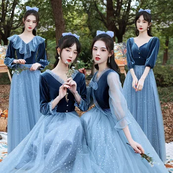 Mavi Pembe Nedime Elbisesi 2023 Bahar Yeni Kadife Uzun Kollu Sisters Grubu Elbiseler Akşam Yemeği Parti Kız Arkadaşı Gece Elbisesi