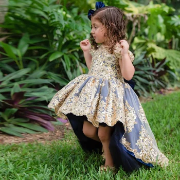 Mavi Yüksek Kaliteli Çiçek Kız Elbise Bebek Pageant Altın Aplikler Fotoğrafçılık Robe De Demoiselle Çocuklar Prenses Doğum Günü