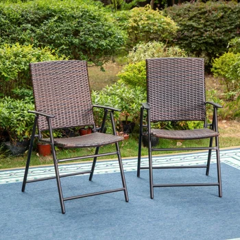 Metal Çerçeveli, Koyu Kahverengi 2 Parça Veranda Hasır Katlanır Yemek Sandalyeleri