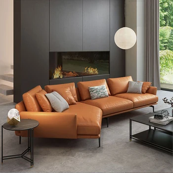 Minimalist deri kanepe modern minimalist oturma odası mobilya İskandinav net kırmızı ins rüzgar İtalyan köşe deri kanepe