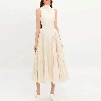 Moda Basit Yüksek Kaliteli Elbise Kadınlar 2023 Yaz Standı Yaka Kolsuz Pilili Elbise Kadın Orta Uzun Vestidos