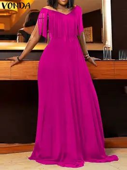 Moda Elbise Yaz uzun elbise 2023 VONDA Zarif Kadın Püskül Parti Sundress Femme Plaj Vintage Kat Uzunlukta Vestido Baggy