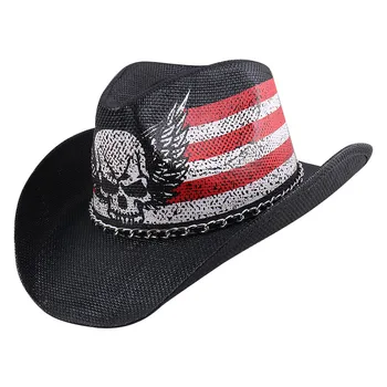 Moda Kafatası Desen Batı kovboy şapkası Erkekler için Cadılar Bayramı Festivali Parti Cadılar Bayramı Giyinmek Şapka Panama Hasır Şapka