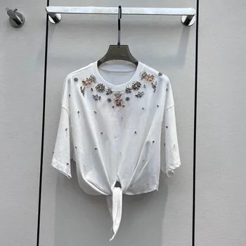 Moda Klasik Moda Lüks Tasarımcı Yaz Yeni Rhinestone Pullu Gevşek kısa kollu tişört Kadın