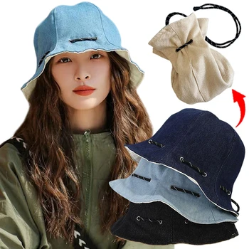 Moda Kore Tarzı Düz Renk Kova Şapka Kadın Erkek Yaz Nefes Ayarlanabilir Kova Kapaklar saklama çantası Çift Amaçlı Şapka