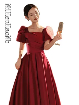 Moda Yeni Kırmızı Saten Gelinlik Prenses Puf Kollu A-line Zarif Örgün Parti Törenlerinde Vestidos De Fiesta