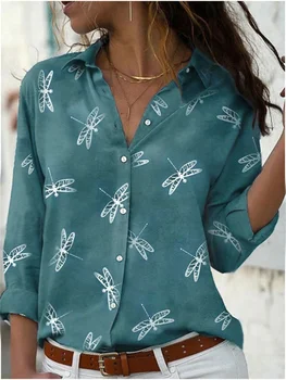 Moda Yusufçuk Baskı Tek göğüslü Hırka Gömlek Kadın Slim Fit Uzun Kollu Yaka Bluz Kadın Sonbahar Günlük Banliyö Tops