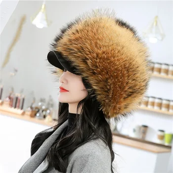 Moda kadın Yumuşak Sıcak Kürk Şapka Lüks Tilki Kürk Kabarık Ördek Şapka Kış Açık Kalınlaşma Önlemek için Soğuk Kürk Şapka