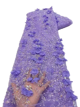 Mor 3D Boncuklu Dantel Kumaş 5 Yards Lüks Gelin Tül Dantel Kumaş İşlemeli Aplike Afrika Kumaş düğün elbisesi YY347