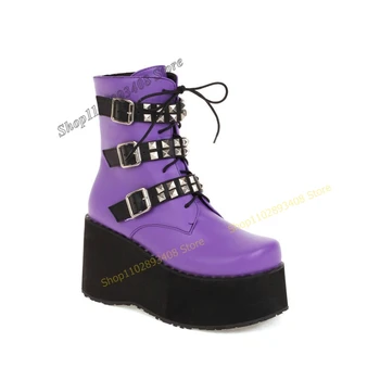 Mor Perçin Toka Çapraz Bağlı yarım çizmeler Platformu Yuvarlak Ayak Kalın Tabanlı Kadın Ayakkabı 2023 Moda Seksi Zapatos Para Mujere