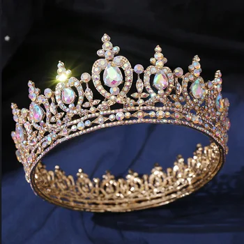 Muhteşem Kristal Diadem Gelin Tiaras Kraliyet Kraliçe Kral Yuvarlak Taç Headdress Gelin AB Daire Parti Saç Takı Süsler