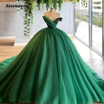 Muhteşem Yeşil Balo Abiye V Yaka Kapalı Omuz Dantelli Organze Abiye giyim Uzun Tren Örgün balo kıyafetleri