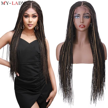 My-Lady 28 inç Sentetik Senegalli Büküm Örgüler Peruk Dantel ön peruk Siyah Kadınlar İçin Bebek Saç İle Düğümsüz Örgü Peruk Afro Peruk