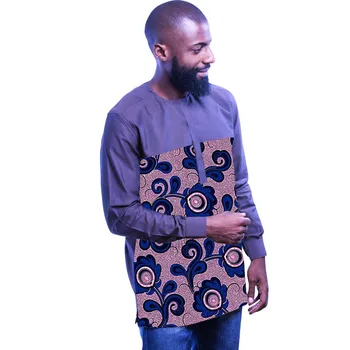 Nijeryalı Moda erkek gömleği Koyu Mavi Tam Kollu Üstleri Patchwork Tasarım Özel Erkek Afrika Parti Damat Giyim