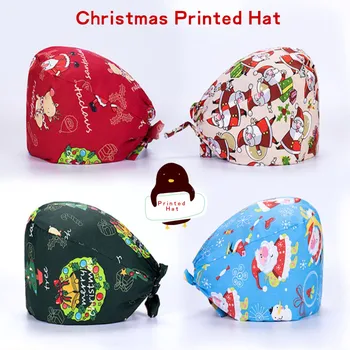 Noel Baskılı Pamuk Ayarlanabilir Pet Çalışma Şapka Toz Kapağı Hemşirelik Kap Elastik Güzellik Şapka Güzellik Salonu Baotou Şapka Pet Scrubs