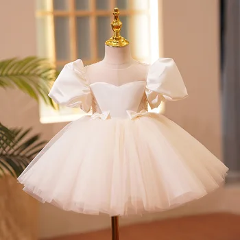 O-Boyun Basit Zarif Puf Kollu Çiçek Kız Elbise İnce Balo Küçük Yay Prenses Vestidos Mizaç Çocuk Doğum Günü Elbise