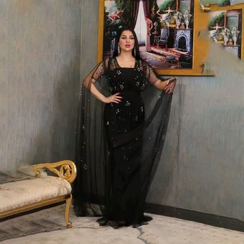 OEİNG Vintage Kat Uzunluk Abiye giyim Kapalı Omuz balo kıyafetleri 2023 Şamandıra Kollu Siyah Kristaller Suudi Arabistan Parti Elbise
