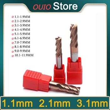 OUIO D1. 1mm 2.1 mm Karbür End Mill HRC55 4 Flüt Ondalık Noktası CNC Freze Araçları Tungsten Karbür Çelik Freze D1.1-D11. 9mm