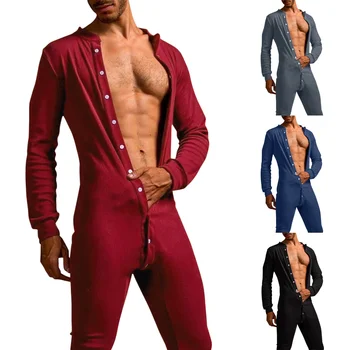 Onesies Erkekler Kış Tulum Rahat Katı Standı Yaka Düğmesi Onesie Açık Kalça Tulum Pijama Gecelik Düğme Kalça Pijama