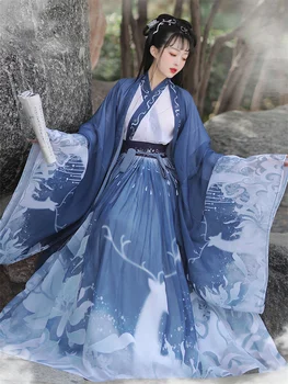 Orijinal Çin Geleneksel Hanfu Kadınlar için WeiJin Hanedanı Antik Kırmızı Mavi Dans Kostümleri Halk Peri Kıyafetleri 3 ADET 3M Tam Setleri