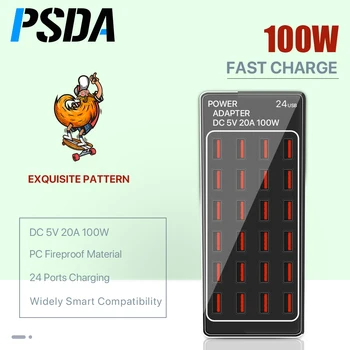 PSDA 3D UV 100W 24 Port USB Şarj Dock İstasyonu Güç Adaptörü 5V 20A USB Cep Telefonu Hızlı Şarj USB Hub İphone Samsung İçin