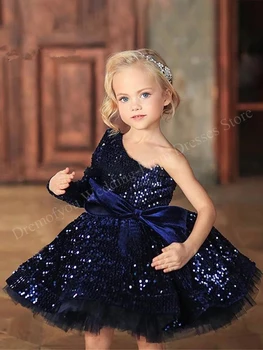 Parlak Mini Çiçek Kız Elbise Düğün Parti için Bir Omuz Uzun Kollu Balo Yay ile Elbise Prenses Fille Vestidos 2023