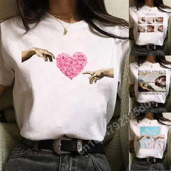Parmak Dokunmatik Baskı T-shirt kadın kıyafetleri Harajuku Kısa Kollu Üstleri Büyük Boy Grafik T Shirt yaz giysileri Estetik Tee